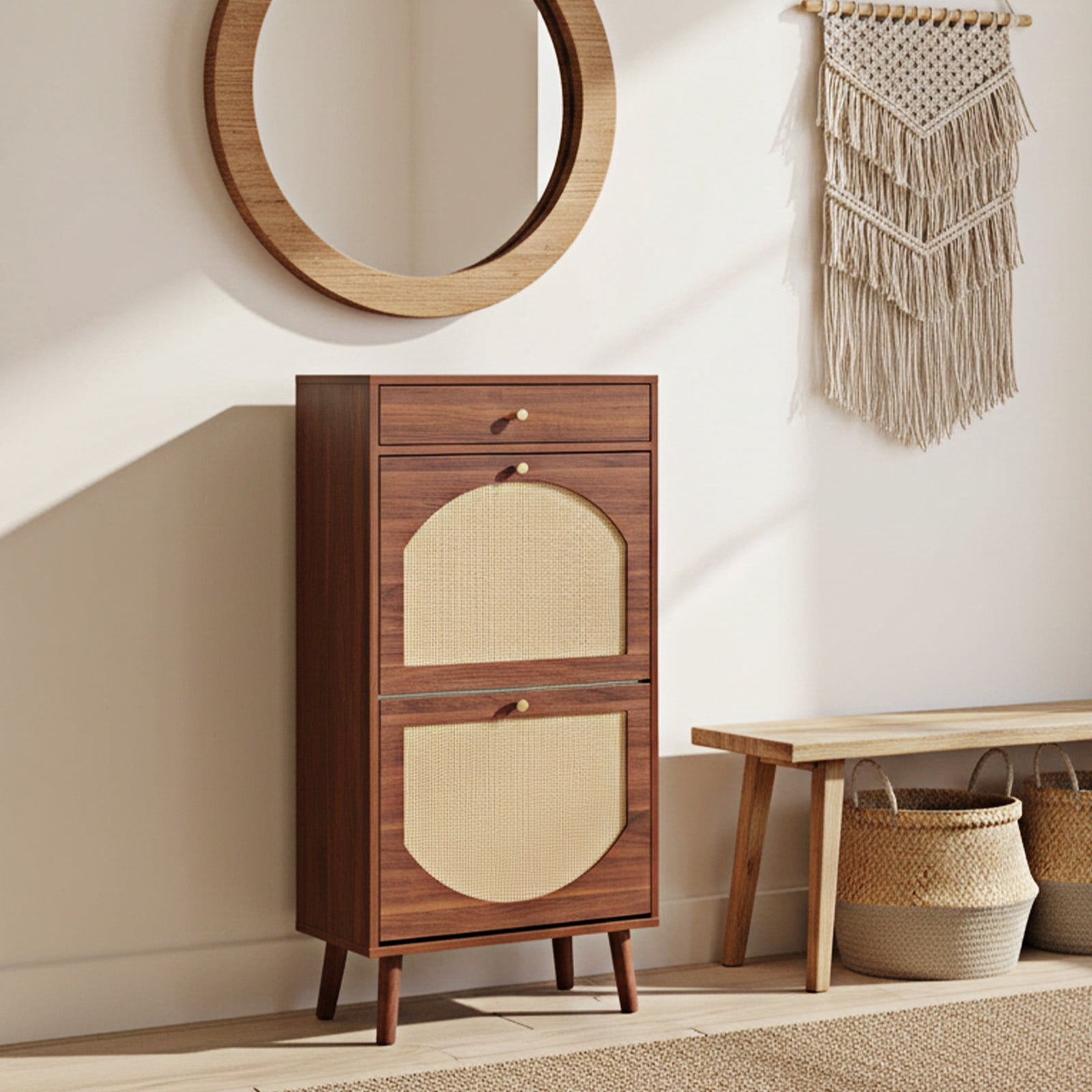 Shoe Cabinet with 1 Drawer & 2 Flip-Down Compartments, Brown Finish Particle Board Shoe Storage Organizer, Slim Space-Saving Entryway Shoe Cabinet for Hallway Apartment