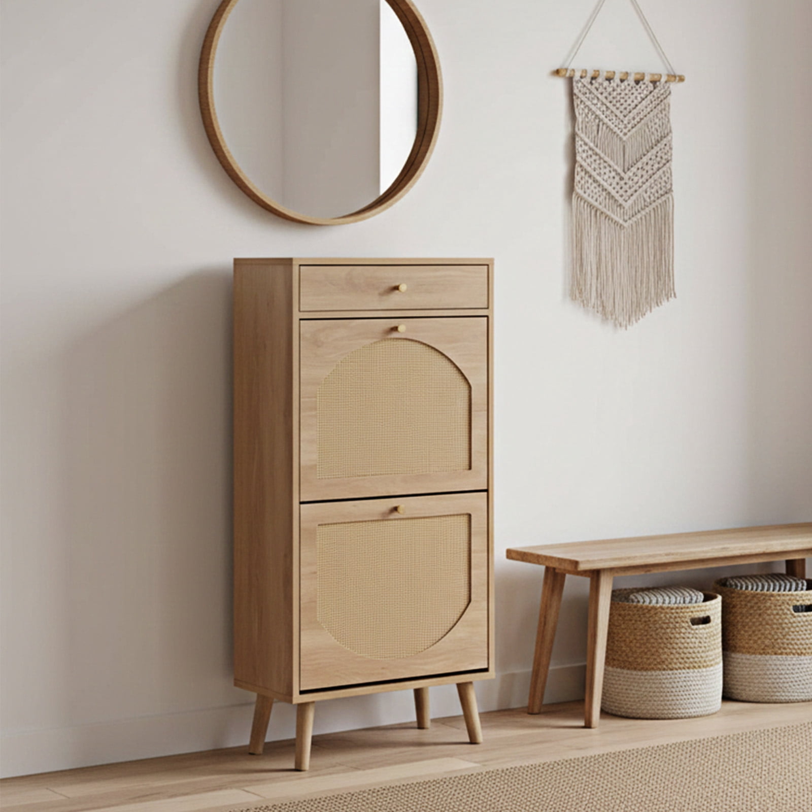 Shoe Cabinet with 1 Drawer & 2 Flip-Down Compartments, Natural Wood Finish Particle Board Shoe Storage Organizer, Space-Saving Entryway Cabinet for Hallway Apartment