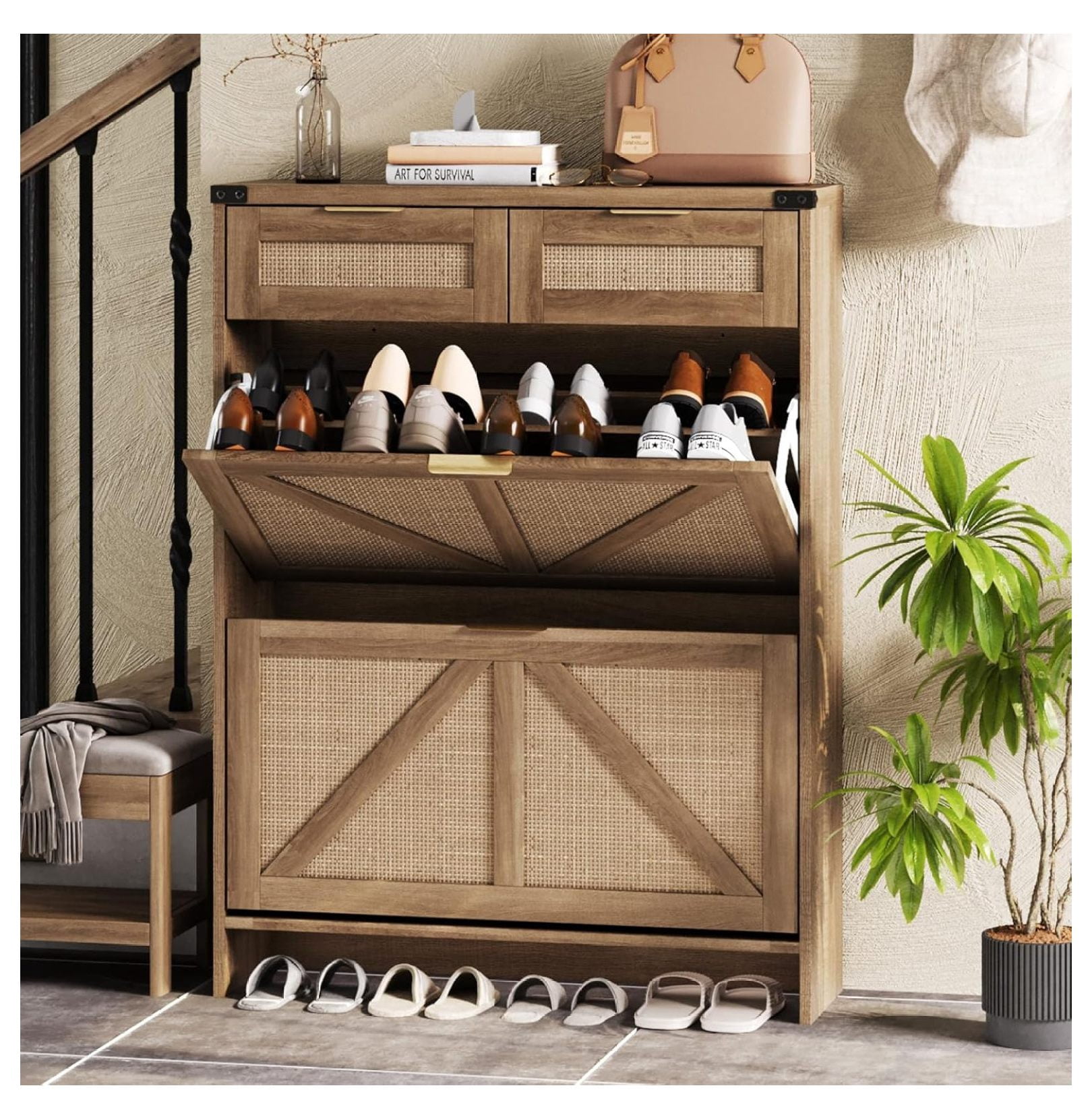 Shoe Cabinet with 2 Drawers & 2 Drawers,Farmhouse Shoe Storage Cabinet ...