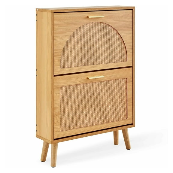 Shoe Cabinet 2 Drawers - Entryway Shoe Storage Organizer - Rattan Door Shoe Rack for Heels, Boots & Slippers - Free Standing Hallway Living Room Cabinet