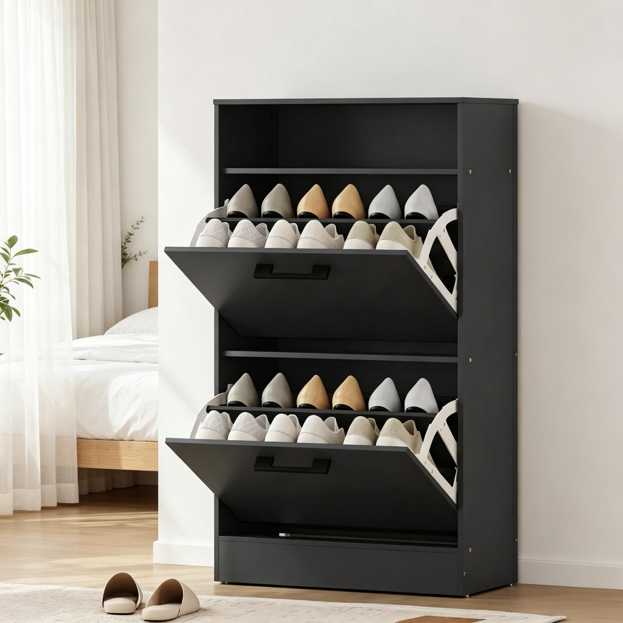 Shoe Cabinet 2 Flip Drawers 12 Pairs Capacity 23.6x11.1x41 Inch Black for Entryway Hallway Living Room