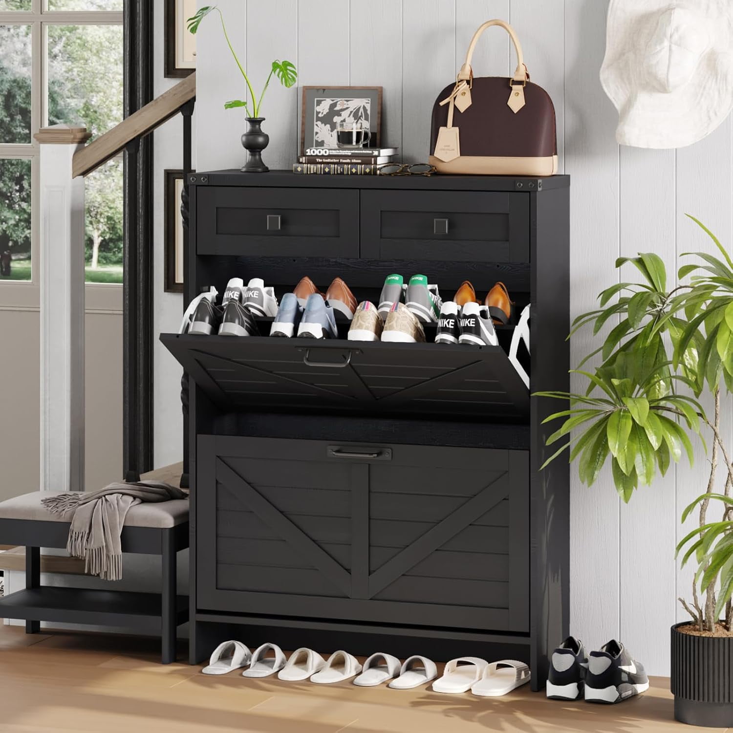 Shoe Cabinet with 2 Flip Drawers & 2 Drawers,Farmhouse Shoe Storage ...