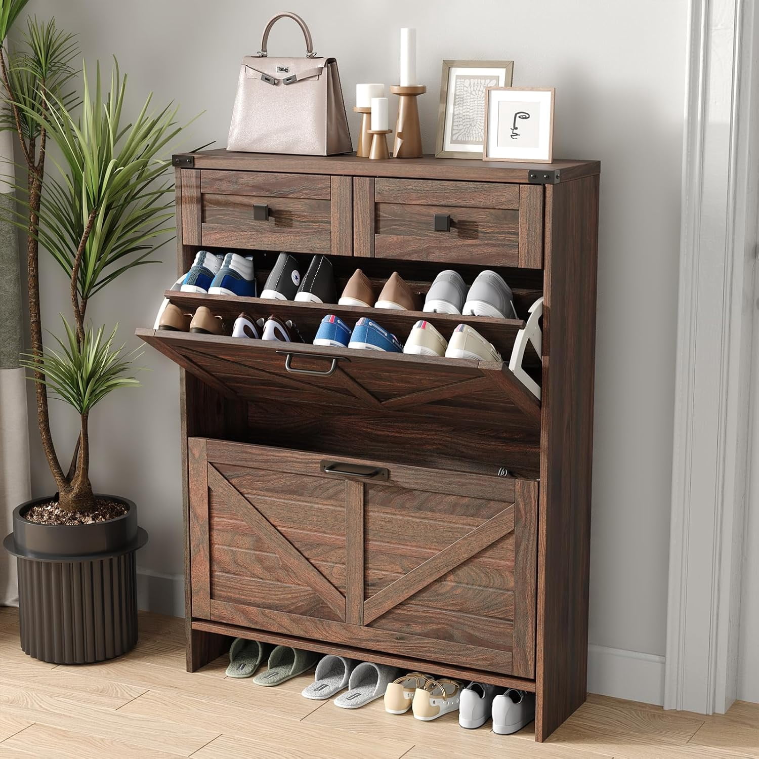 Shoe Cabinet with 2 Flip Drawers & 2 Drawers,Farmhouse Shoe Storage ...