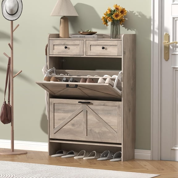 Shoe Cabinet with 2 Flip Drawers & 2 Storage Drawers, Farmhouse Narrow Shoe Organizer Cabinet, Slim Shoe Rack Cabinet, Shoe Storage Cabinet for Entryway, Hallway, Front Door