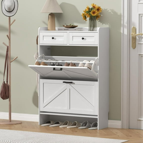 Shoe Cabinet with 2 Flip Drawers & 2 Storage Drawers, Farmhouse Narrow Shoe Organizer Cabinet, Slim Shoe Rack Cabinet, Shoe Storage Cabinet for Entryway, Hallway, Front Door