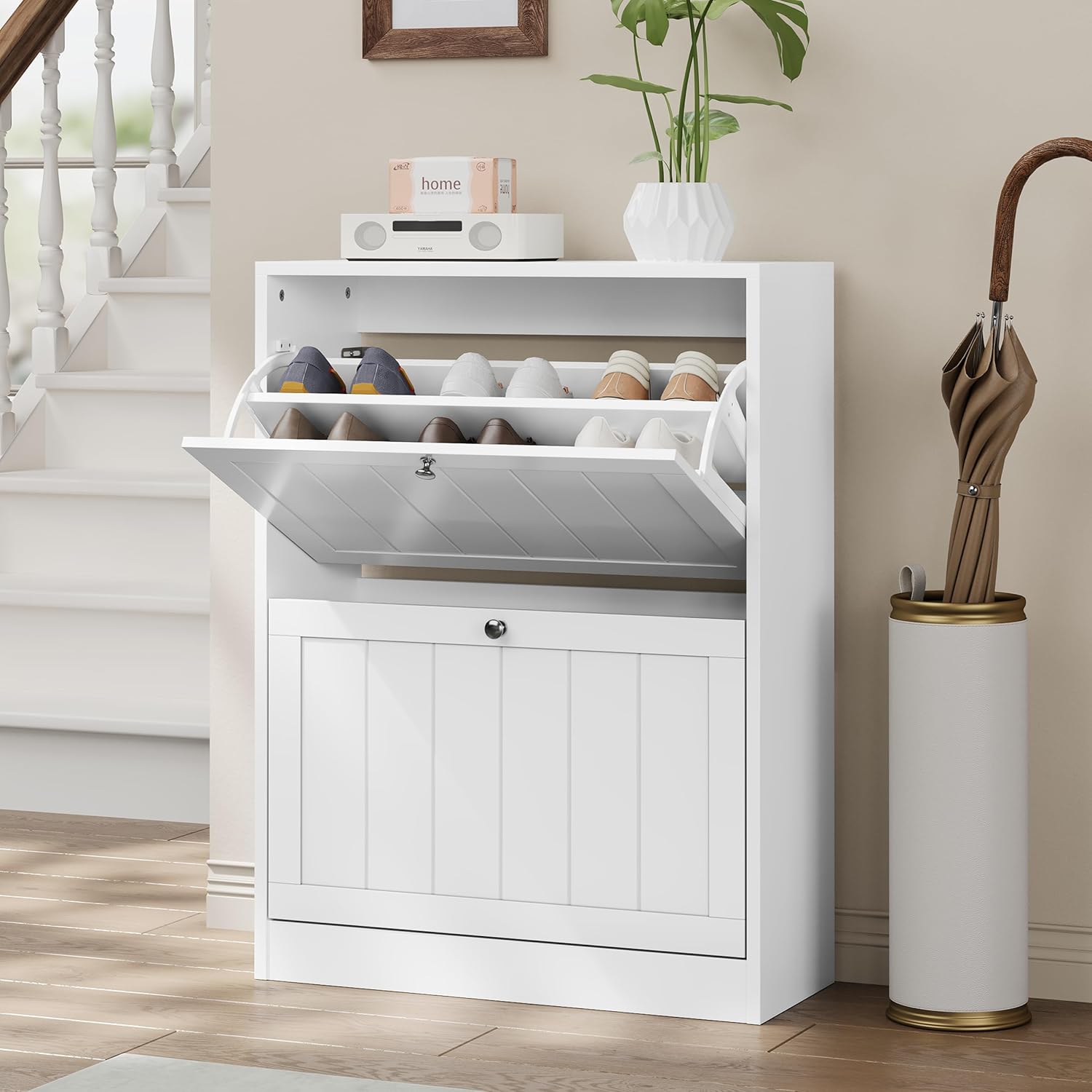 Shoe Rack Grooves Pattern Shoe Cabinet with 2 Flip Drawers, 23.6