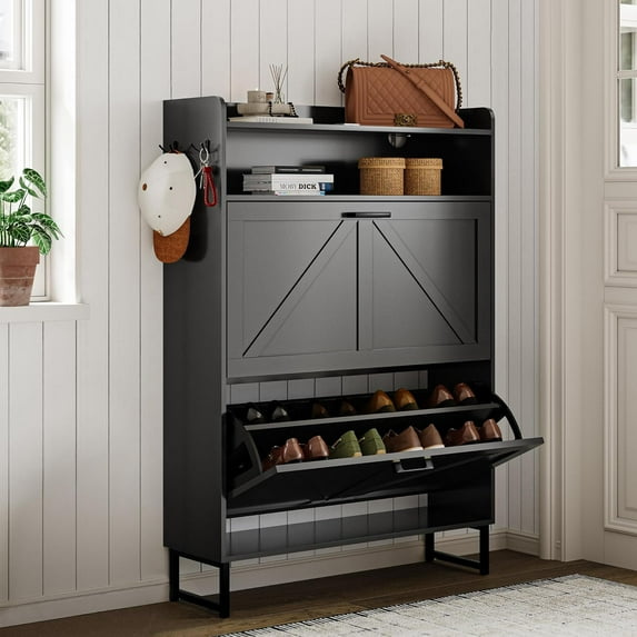 Shoe Cabinet with 2 Flip Drawers, 45" Freestanding Narrow Wood Shoe Storage Cabinet with Metal Legs and Hooks, Slim Shoe Rack Organizer for Entryway, Hallway, Black