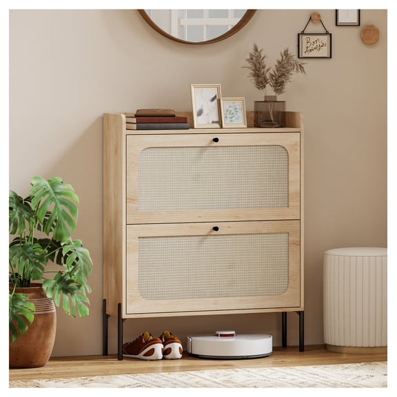 Shoe Cabinet 2 Flip Drawers, Boho Shoe Storage, Narrow Entryway Organizer, Oak Finish