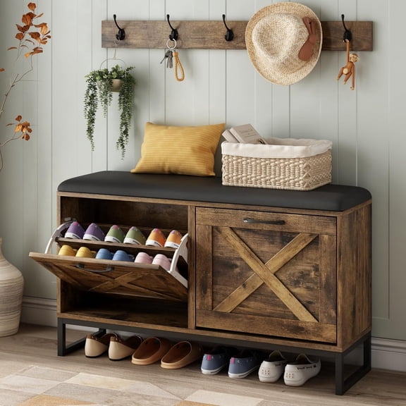 Shoe Cabinet with 2 Flip Drawers & Coat Rack, Shoe Storage Bench with Seat Cushion for Entryway, 5 Large Sturdy Metal Hooks - with Locking Wall Parts, Rustic Brown