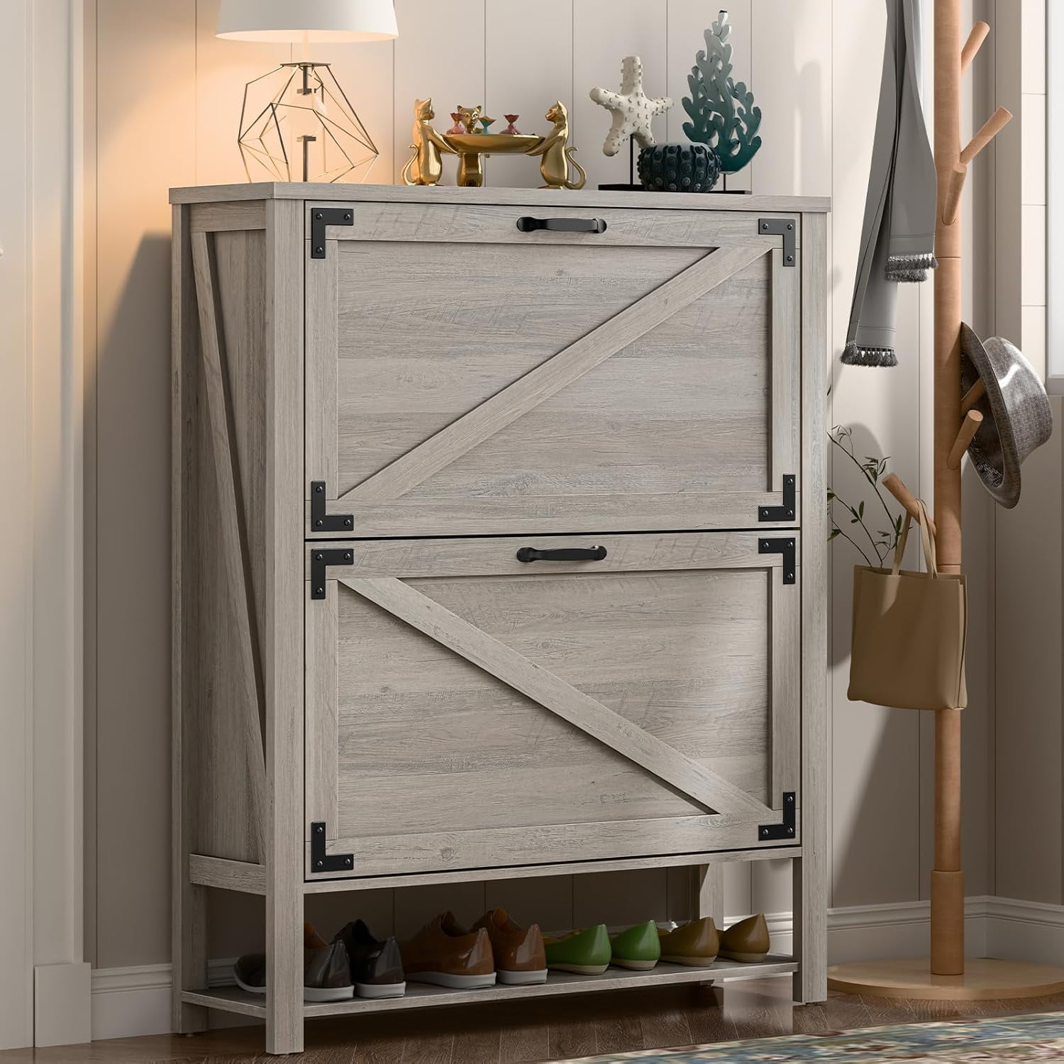 Shoe Cabinet with 2 Flip Drawers Farmhouse Shoe Storage Cabinet for ...