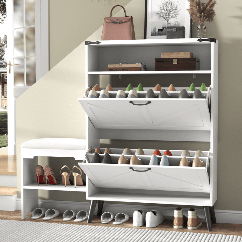 Tipping Bucket Rack Shoe Cabinet with 2 Flip Drawers, Freestanding Tipping Bucket Shoe Rack ...