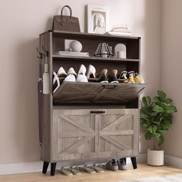 Farmhouse Shoe Storage Cabinet With 2 Flip Drawers - Narrow Entryway Organizer