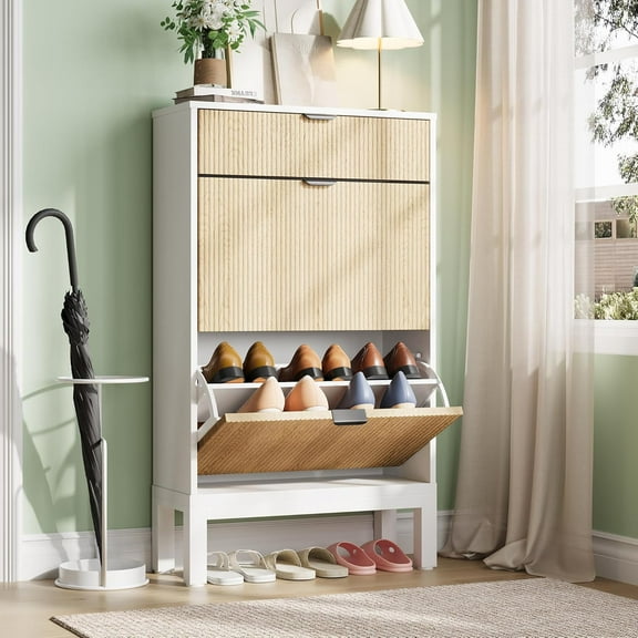 Shoe Cabinet with 2 Flip Drawers,Hidden Wood Shoe Cabinet,Freestanding Shoe Storage Cabinet for Entryway Hallway Foyer Apartment,41.3" Hx24" Wx9.5" D.