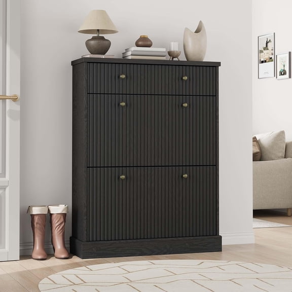 Shoe Cabinet with 2 Flip Drawers, Hidden Wooden Fluted Shoe Cabinet with Adjustable Shelf, Freestanding Shoe Storage Cabinet for Entryway Hallway, Living Room