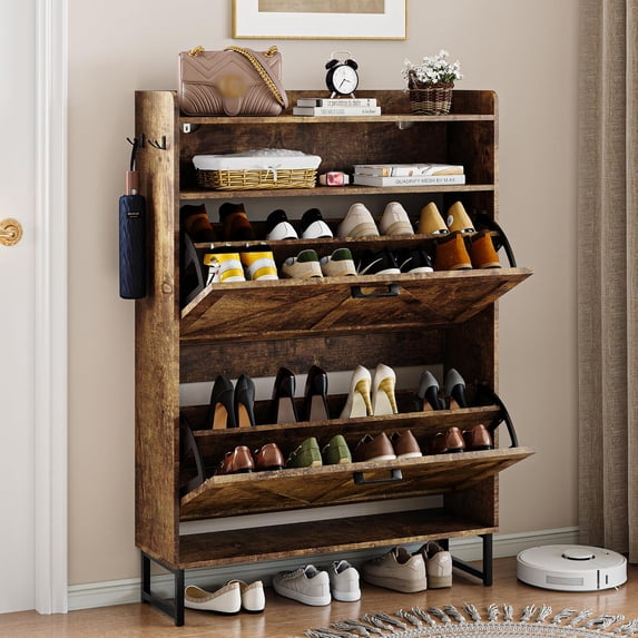 FANRAL Shoe Cabinet with 2 Flip Drawers Narrow Shoe Storage Cabinet Organizer Wooden Freestanding Rack Hidden Slim Storage for Entryway,Hallway,Living Room,Bedroom