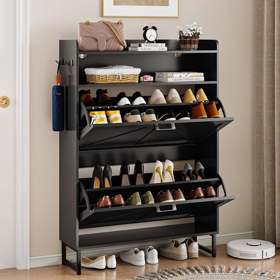 FANRAL Shoe Cabinet with 2 Flip Drawers Narrow Shoe Storage Cabinet Organizer Wooden Freestanding Rack Hidden Slim Storage for Entryway,Hallway,Living Room,Bedroom