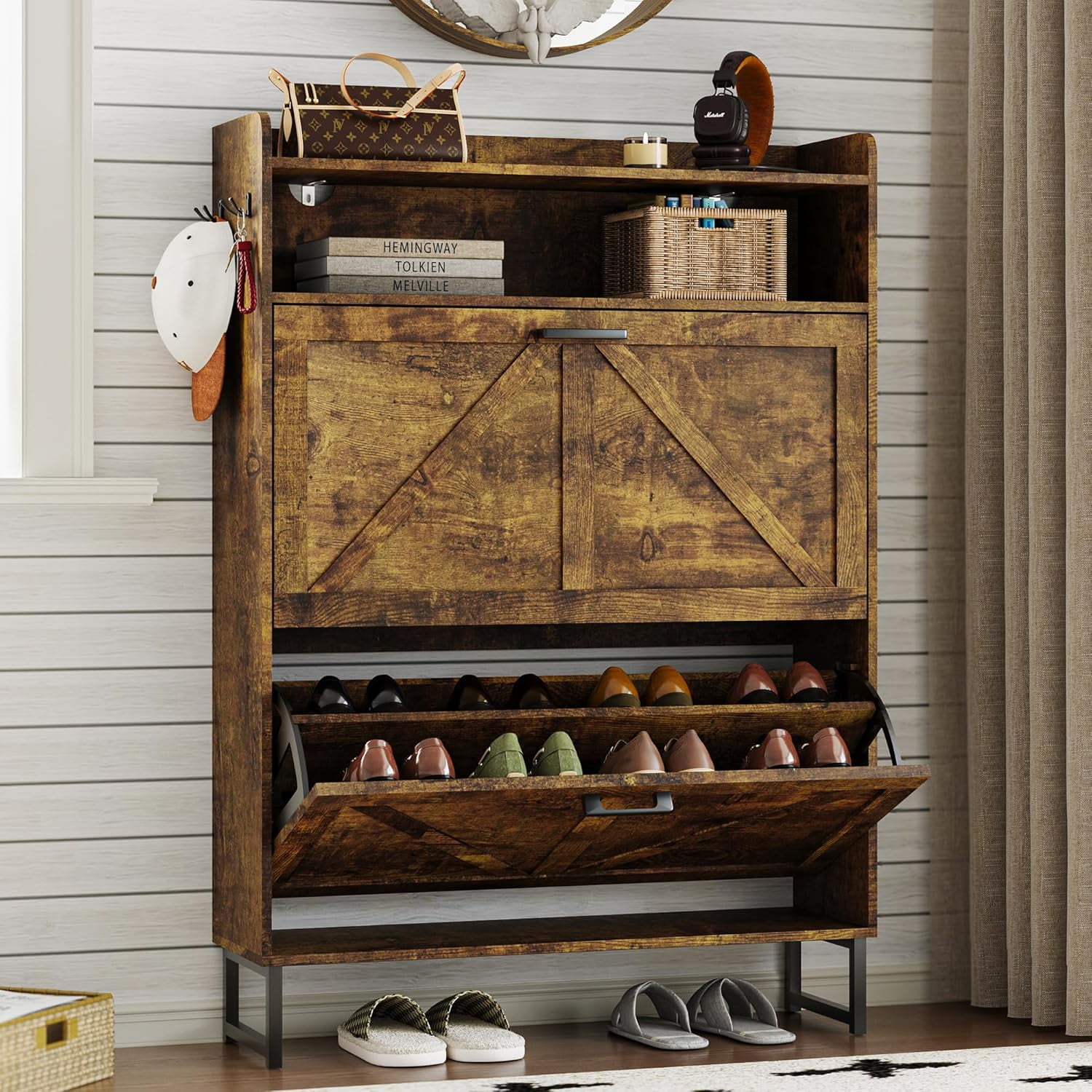 Shoe Cabinet For Entryway Farmhouse Shoe Cabinet With 2 Flip Drawers ...