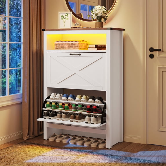 Shoe Cabinet with 2 Flip Drawers &Open Shelf &Led Light , Shoe Rack Storage Organizer Free Standing Entrance Shoe Storage Cabinet Narrow Closet for Entryway Hallway, White