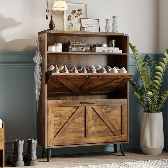 Shoe Cabinet with 2 Flip Drawers & Open Storage,Farmhouse Shoe Storage Cabinet for Entryway,Freestanding Narrow Organizer Rack with Legs,Foyer,Hallway,Brown