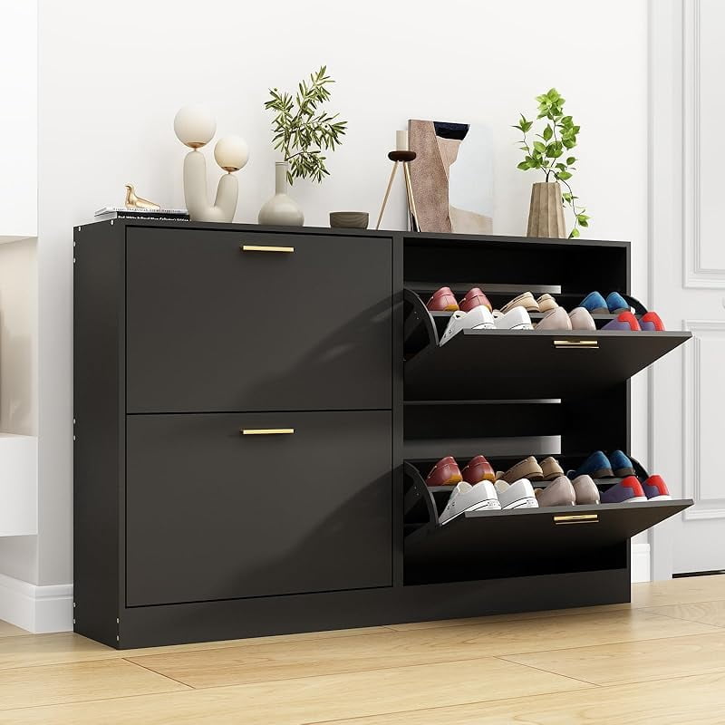 View of Shoe Cabinet with 2 Flip Drawers Set of 2, Narrow Shoe Storage Cabinet ...