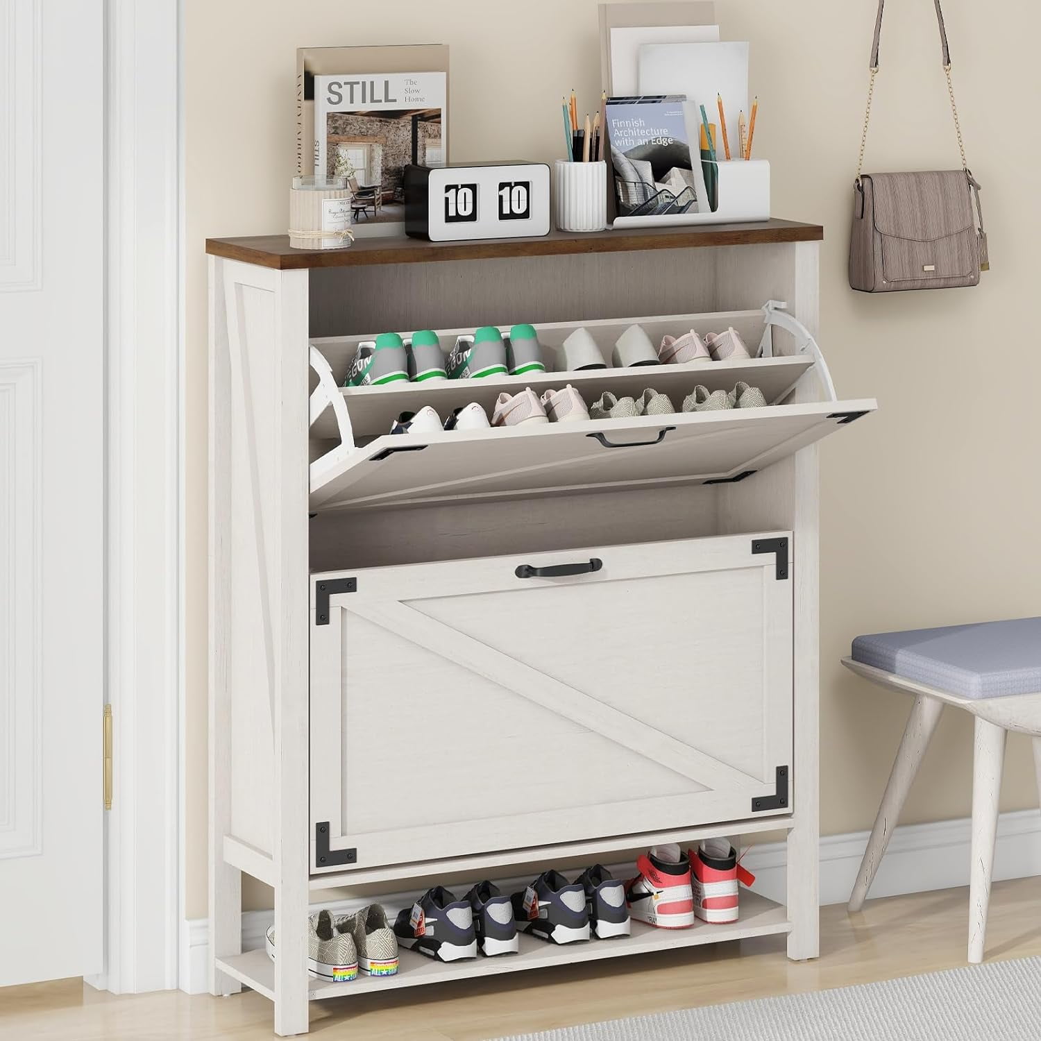 Shoe with 2 Flip Drawers, Shoe Storage for Entryway