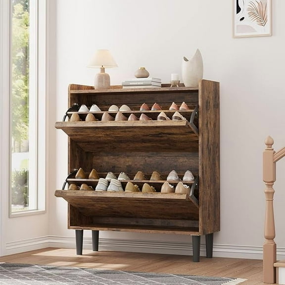 Shoe Cabinet with 2 Flip Drawers, Wooden Shoe Organizer with Adjustable Shelf, Shoe Storage for Entryway, Hidden Shoe Cabinet for Hallway, Living Room, Rustic Brown