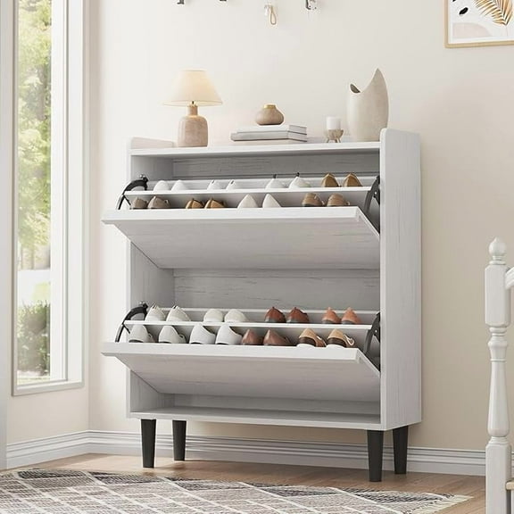 Shoe Cabinet with 2 Flip Drawers, Wooden Shoe Organizer with Adjustable Shelf, Shoe Storage for Entryway, Hidden Shoe Cabinet for Hallway, Living Room, Rustic White