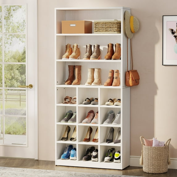 Shoe Cabinet, 24 Pair Freestanding Shoe Rack Storage Organizer with Side Hooks, Modern Shoe Storage Cabinet with Shelves for Hallway Bedroom Closet Entryway, White