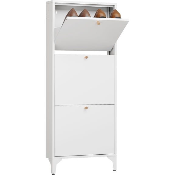 Shoe Cabinet with 3 Flip Drawers, 19" W Narrow Shoe Storage Cabinet, Farmhouse Shoe Organizer, Freestanding Organizer with Metal Legs for Entryway, Foyer (Narrow 3-Door, White)