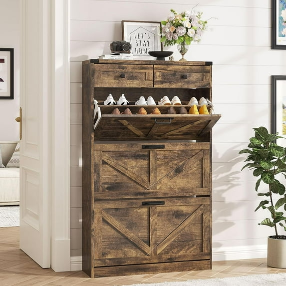 Shoe Cabinet with 3 Flip Drawers & 2 Drawers,Freestanding Shoe Storage Cabinet for Entryway,Farmhouse Narrow Slim Organizer Rack for Foyer,Hallway,Rustic Brown