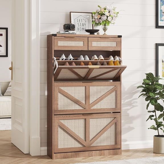 Shoe Cabinet with 3 Flip Drawers & 2 Drawers,Freestanding Shoe Storage Cabinet for Entryway,Farmhouse Narrow Slim Organizer Rack for Foyer,Hallway,Rustic Oak Rattan