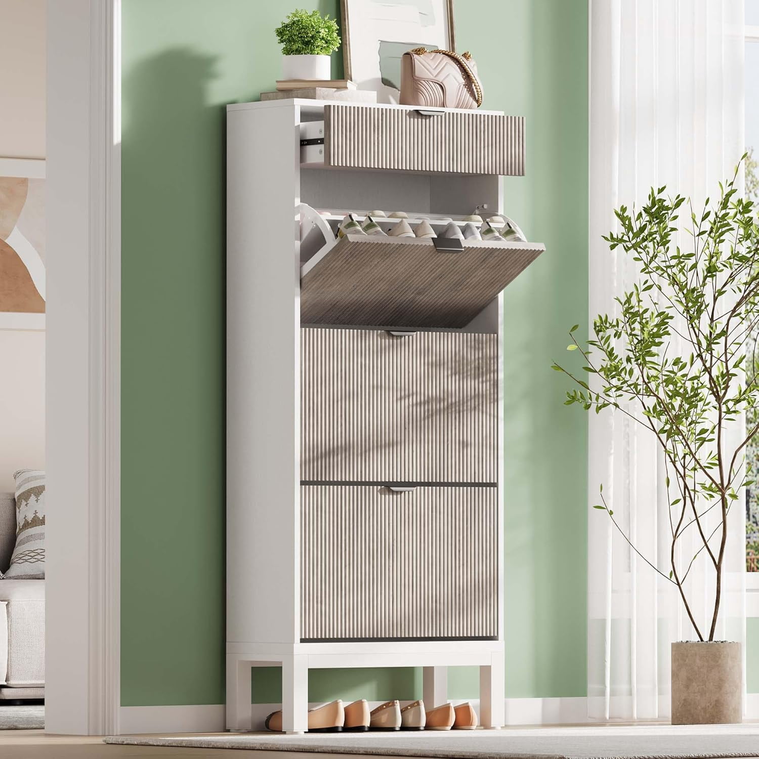 Shoe Cabinet with 3 Flip Drawers, Freestanding Hidden Shoe Storage ...