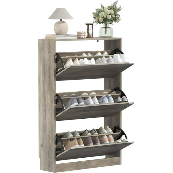 Shoe Cabinet with 3 Flip Drawers, Hidden Wooden Shoe Storage Cabinet, Freestanding Shoes Organizer Cabinet for Entryway, Hallway, Living Room, Grey, 9.33" D x 31.5" W x 47.2" H