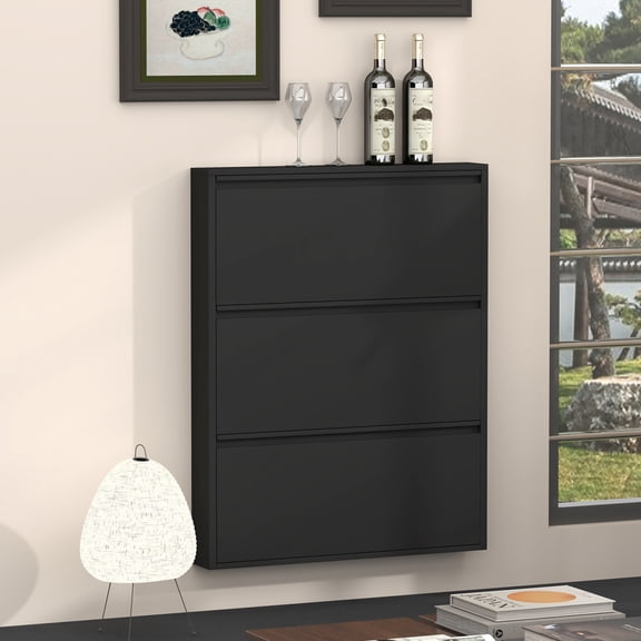 Shoe Cabinet with 3 Flip Drawers, Metal Entrance Shoe Cabinet Storage for Entryway, Modern Hidden Narrow Shoes Rack Organizer Wall Mount for Living Room, Bedroom, Hallway,Black