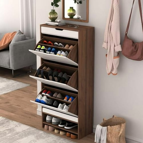 Shoe Cabinet with 3 Flip Drawers, Modern Shoe Storage Cabinet for Entryway, Console Table with Top Storage Drawers, Free Standing Shoe Rack Organizer, Natural Finished