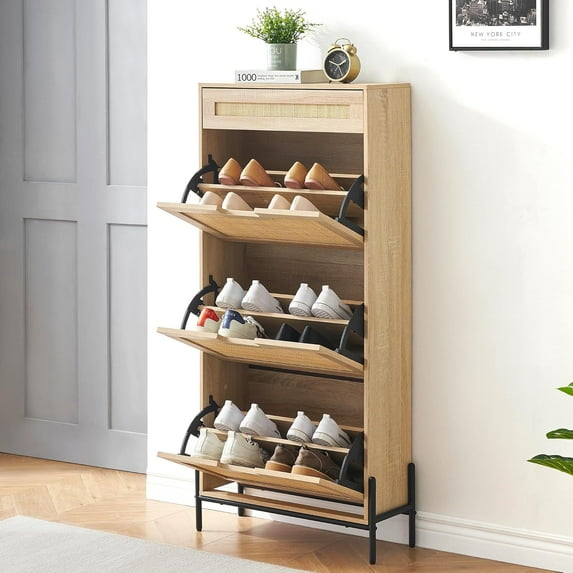 Shoe Cabinet with 3 Flip Drawers and Single Drawers Hidden Wood Rattan Shoe Storage Cabinet, 3 Gears Adjustable Freestanding Shoe Organizer Suitable for Entryways Hallway,9.4" d x 24" w x 53.7" h