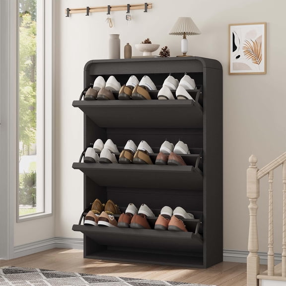 Shoe Cabinet with 3 Flip Drawers, Wooden Cabinet with Adjustable Shelves and Hidden Handle, Modern Shoe Organizer for Entryway, Hallway, Living Room, Black