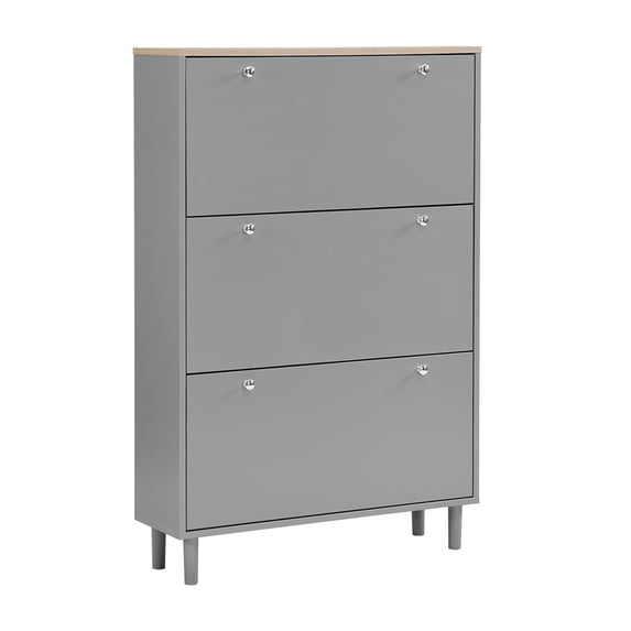 Shoe Cabinet with 3 Flip Drawers,Wooden Grain Pattern Top Entryway Organizer with 3 Hooks,Free Standing Shoe Rack with Adjustable Panel for Hallway,Grey