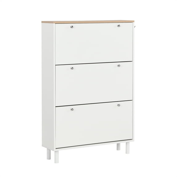 Shoe Cabinet with 3 Flip Drawers,Wooden Grain Pattern Top Entryway Organizer with 3 Hooks,Free Standing Shoe Rack with Adjustable Panel for Hallway,White