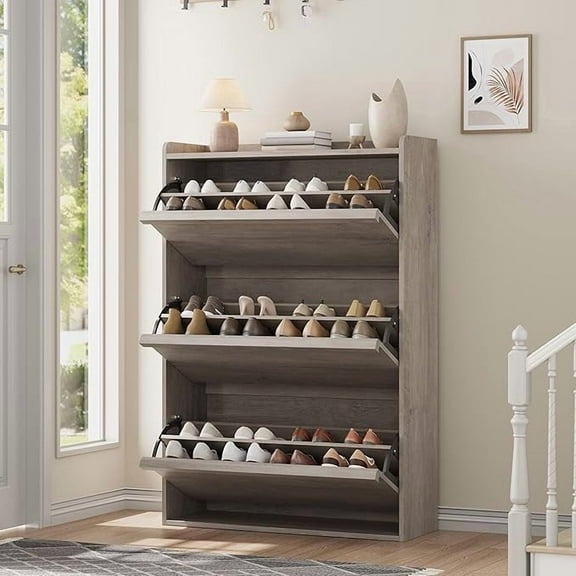 Shoe Cabinet with 3 Flip Drawers, Wooden Shoe Organizer Cabinet with Adjustable Shelf, Shoe Storage for Entryway, Hidden Shoe Cabinet for Hallway, Living Room, Grey