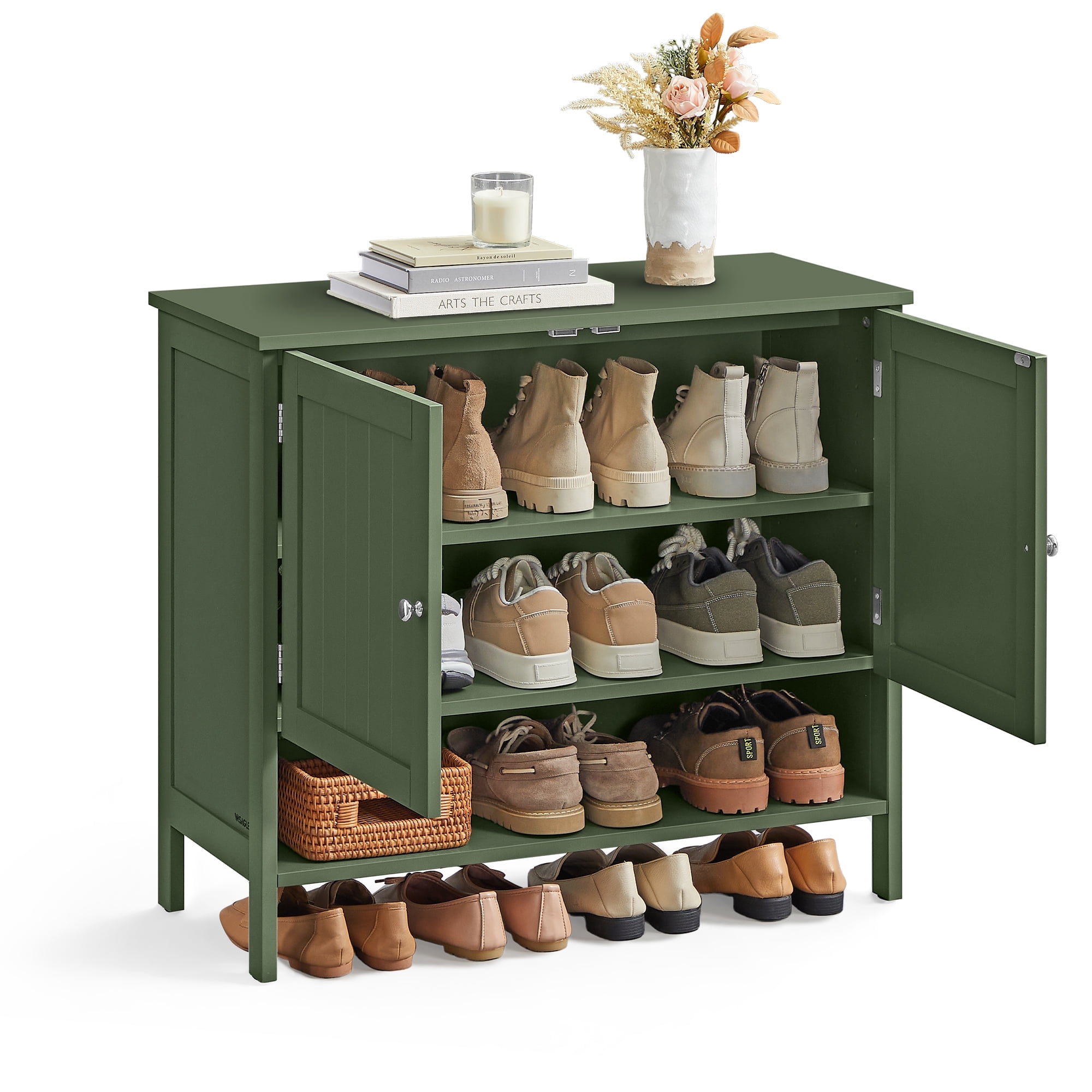 Forest Green 3-Tier Wooden Shoe Cabinet with Adjustable Shelves