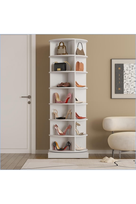 Shoe Cabinet, 360 Rotating 7-Layer Holds 28 Pairs | Particle Board+MDF | Ivory White