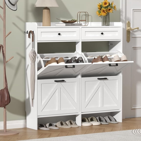 Shoe Cabinet with 4 Flip Drawers & 2 Storage Drawers, Rustic Farmhouse Narrow Shoe Organizer Cabinet, Slim Shoe Rack Cabinet, Shoe Storage Cabinet for Entryway, Hallway, Front Door
