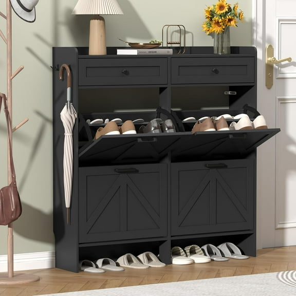 Shoe Cabinet with 4 Flip Drawers & 2 Storage Drawers, Rustic Farmhouse Narrow Shoe Organizer Cabinet, Slim Shoe Rack Cabinet, Shoe Storage Cabinet for Entryway, Hallway, Front Door