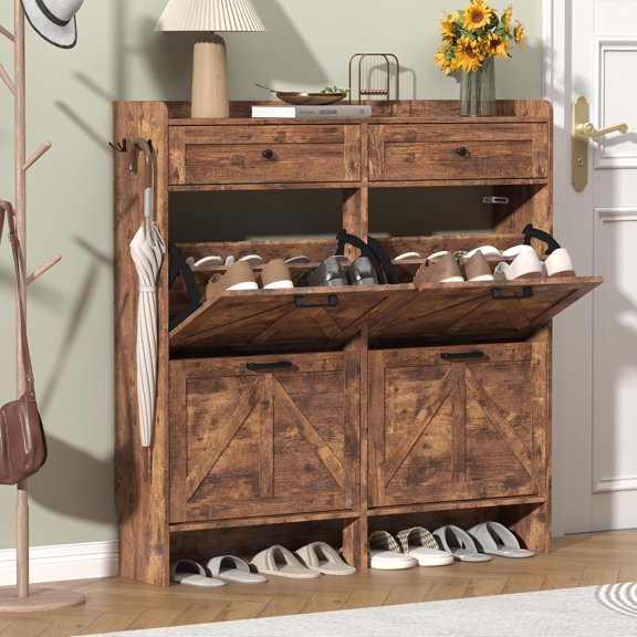 Shoe Cabinet with 4 Flip Drawers & 2 Storage Drawers, Rustic Farmhouse Narrow Shoe Organizer Cabinet, Slim Shoe Rack Cabinet, Shoe Storage Cabinet for Entryway, Hallway, Front Door
