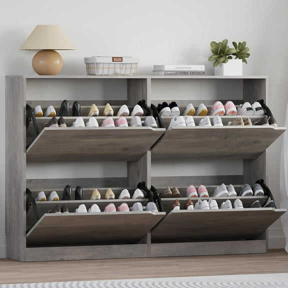 Shoe Cabinet with 4 Flip Drawers, Narrow Hidden Shoe Storage Cabinet, Slim Freestanding Shoe Rack Organizer for Entryway, Hallway, Bedroom, Living Room