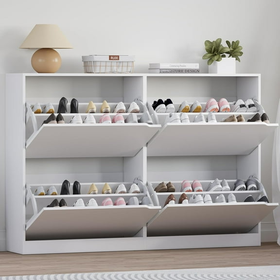Shoe Cabinet with 4 Flip Drawers, Narrow Hidden Shoe Storage Cabinet, Slim Freestanding Shoe Rack Organizer for Entryway, Hallway, Bedroom, Living Room