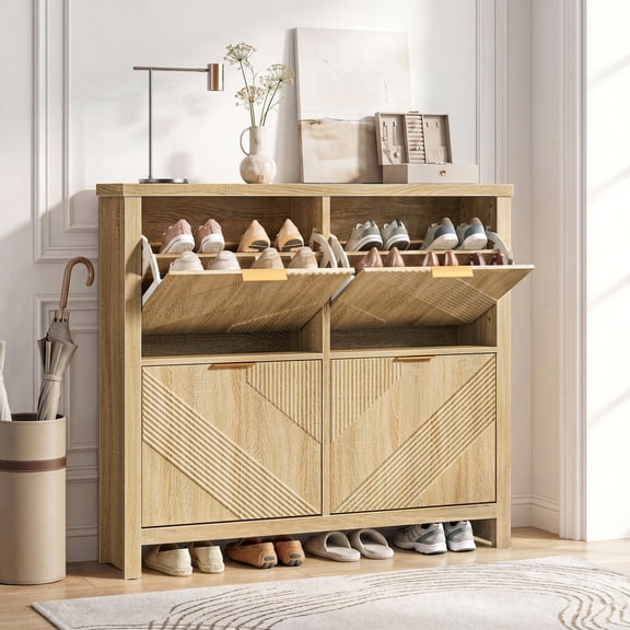 Shoe Cabinet with 4 Flip Drawers, Narrow Shoe Organizer with Symmetric Groove Pattern, Freestanding Wood Hidden Shoe Storage Cabinet for Entryway, Hallway