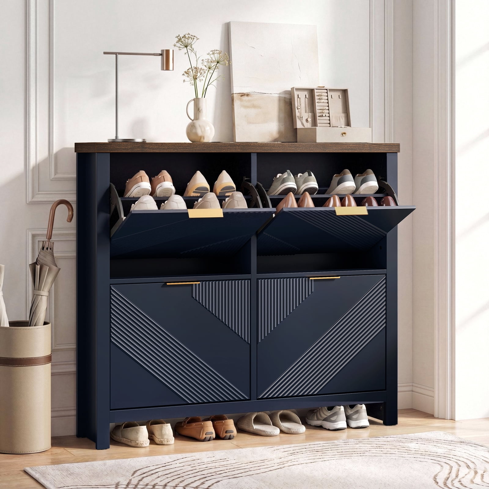 Shoe Rack Grooves Pattern Shoe Cabinet with 4 Flip Drawers, Narrow Shoe Organizer with Symmetric ...
