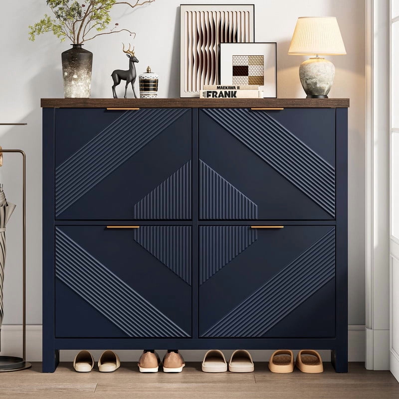 Shoe Rack Grooves Pattern Shoe Cabinet with 4 Flip Drawers, Narrow Shoe Organizer with Symmetric ...